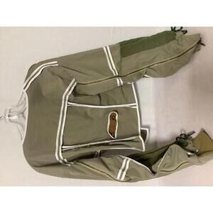 Unique Olive Green Women's Jacket with White Trim and Zipper Details